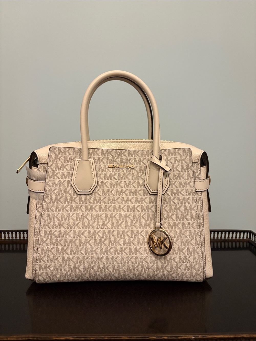Michael Kors Cream MK Logo Satchel with Gold Accent